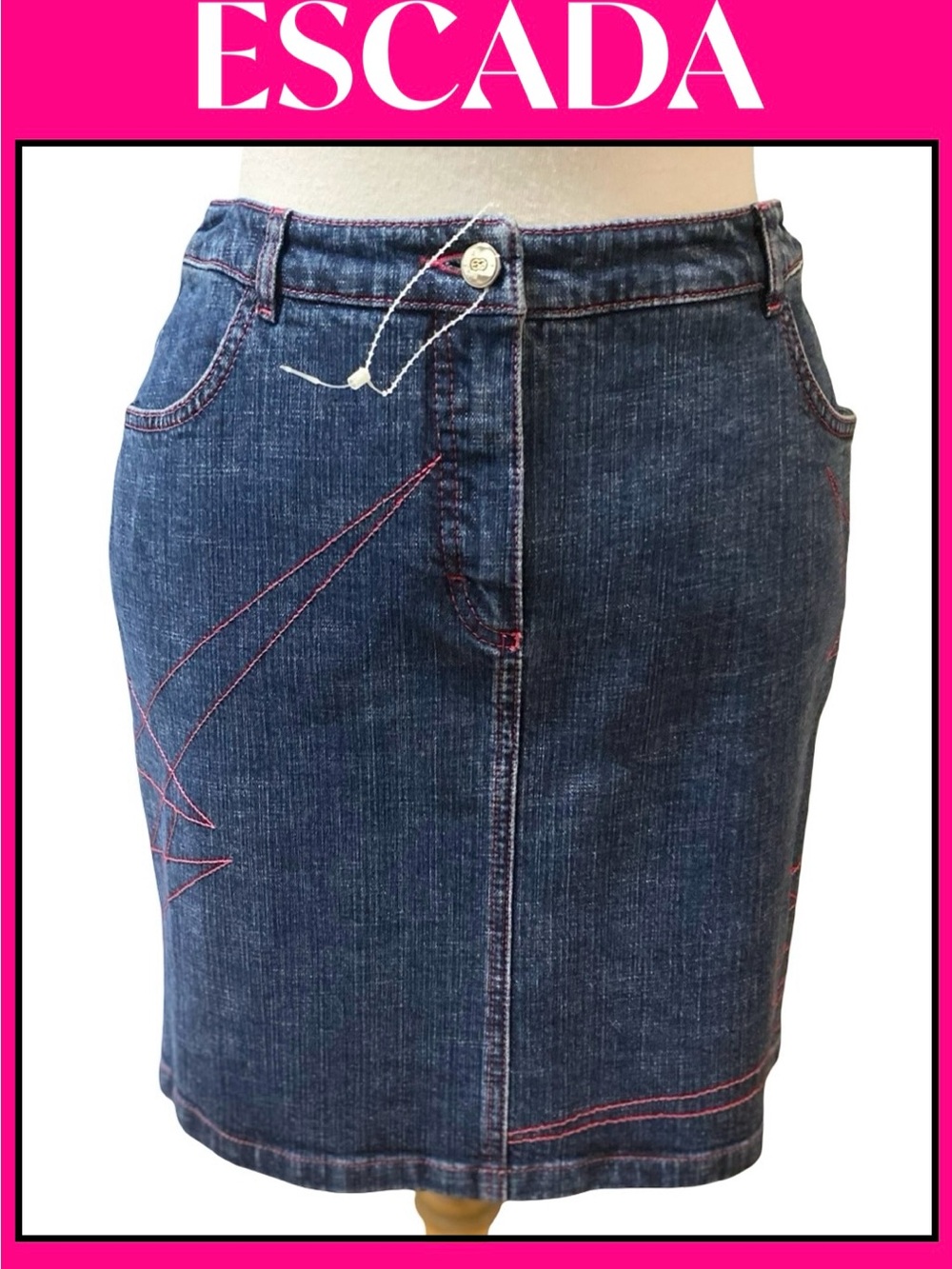 ESCADA Denim Skirt w/ Hot Pink Stitching Fitted Pockets Size 8 NEW